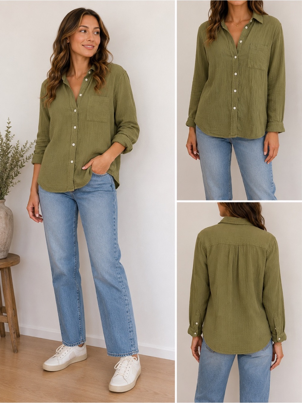 J.Crew Olive Gauze Button-Front Shirt – Women’s Large